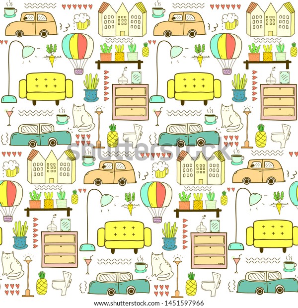 Seamless pattern with home furniture\
background. Vector\
illustration.