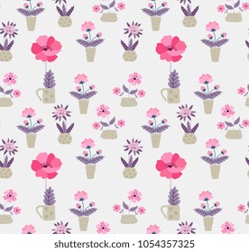 Seamless pattern with home garden cartoon flowers in vector. Print for fabric, paper, wallpaper. Spring design.