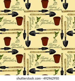 seamless pattern home garden, home garden sign, shovel, sprout plants, ceramic pot, retro style
