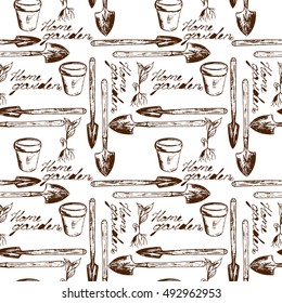 seamless pattern home garden, home garden sign, shovel, sprout plants, ceramic pot, retro style