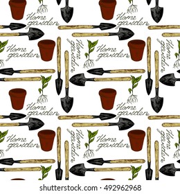 seamless pattern home garden, home garden sign, shovel, sprout plants, ceramic pot, retro style