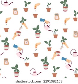 Seamless pattern with home gardening elements, DIY activities. Home gardening and plant care concept. Hand drawn abstract vector background. 
