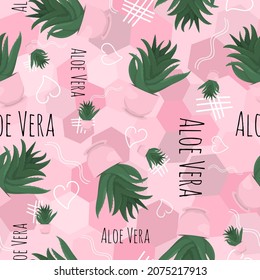Seamless pattern with home plant aloe vera. Cartoon illustration on a pink background with linear elements and potted flowers. Girly cute print pattern.