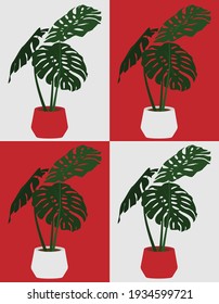Seamless pattern with home plant in a pot. Monstera in red and gray pots. Modern flat illustration. Design for cards, posters, backgrounds, textiles, booklets, templates, backgrounds.