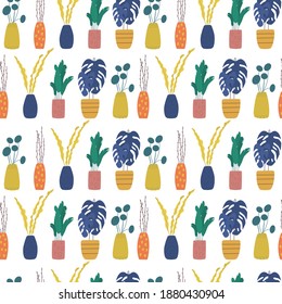 Seamless pattern with home plants. Bright vector illustration. Excellent for packaging in flower shops. Perfect for scrapbooking, wrapping, patchwork, cover design.