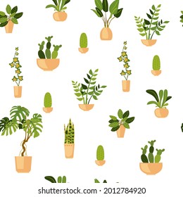 Seamless pattern of home plants in ceramic pots on a white background. Flower spring, summer pattern