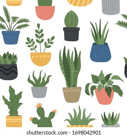 Seamless pattern of home plants, cosy flowers in Scandinavian style. Vector illustration, isolated background. 