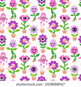 Seamless pattern of home plants. Crazy disco dancing pink and purple flowers in flat cartoon style on white background
