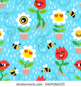 Seamless pattern of home plants. Crazy chamomiles and red tulips flowers and fees in flat style on blue background