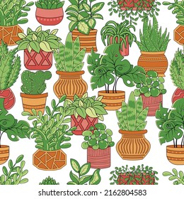 Seamless pattern with home plants ficus, cacti, chlorophytum and succulents aloe in pots on a white background