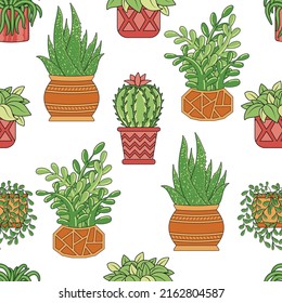 Seamless pattern with home plants ficus, chlorophytum, cacti and succulents aloe in pots on a white background