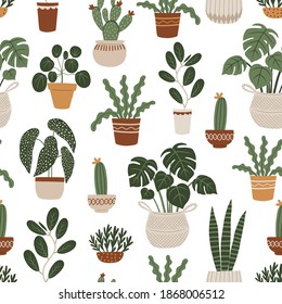 Seamless pattern with home plants. Hand drawn vector illustration in boho style. Perfect for fabrics, wallpapers, wrapping paper.
