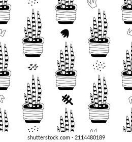 Seamless pattern with home plants in hand drawn style. Outline hand drawing. Illustration for textiles, stickers, cards, wallpaper, wrapping paper. Isolated on white