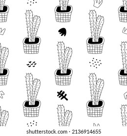 Seamless pattern with home plants in hand drawn style. Outline hand drawing. Illustration for textiles, stickers, cards, wallpaper, wrapping paper. Isolated on white background vector illustration