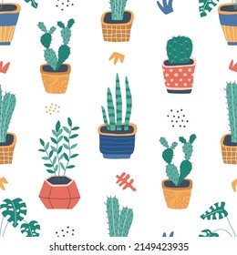 Seamless pattern with home plants in hand drawn, Scandinavian style. Illustration for textiles, stickers, cards, poster, wallpaper, wrapping paper. Isolated on white