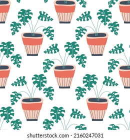 Seamless pattern with home plants in hand drawn, Scandinavian style. Illustration for textiles, stickers, cards, poster, wallpaper, wrapping paper. Isolated on white