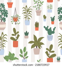 Seamless pattern with home plants. Hand drawn elements for your design. Can be used on packaging paper, fabric, background