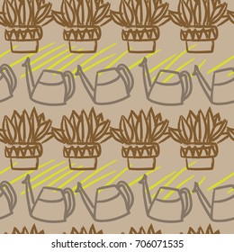 Seamless pattern with home plants in a pot and watering cans on white background. Hand drawn watercolor illustration.