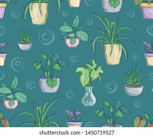 Seamless pattern with home plants in pots