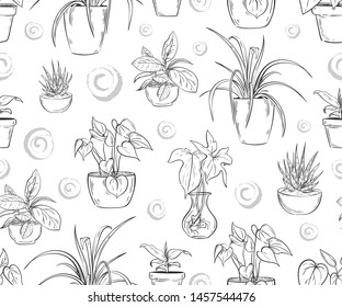 Seamless pattern with home plants in pots. Black and White