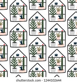 Seamless pattern home plants and succulents. Hand drawn doodles vector print