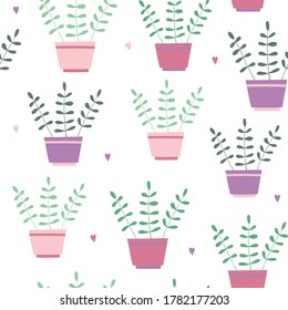 Seamless pattern with home plants. Vector flat illustration. Botany  illustrations of gardening. Can be used as clothing design, textiles, bed linen, stationery, packaging paper, wallpaper.