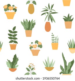 Seamless pattern with home plants in yellow and orange pots. Succulents, abstract flowers, grass and lush foliage. Vector illustration isolated on white background