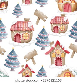 hogar y árbol sin costuras en el festival de navidad sobre fondo blanco. Ilustración vectorial.