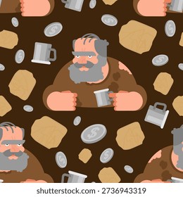 Seamless pattern homeless man's portrait and surrounding debris. Repeatable background for social or urban themes.