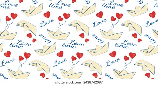 Seamless pattern of homemade boats made of yellow paper. Vector editable color background in flat style for design, clothing, packaging, paper, holidays, summer theme, travel