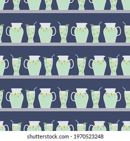 Seamless Pattern with Homemade Detox Water. Vector Illustration of Alkaline or Detox Water with cucumber slices, Mint Leaves, Lemon slices and Straw. Jugs and Glasses arranged on a shelf .