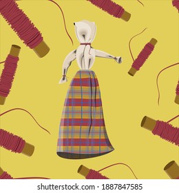 seamless pattern homemade doll and red thread