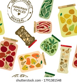 Seamless pattern with homemade pickled glass jars with vegetables, fruits, spices and stamped organic food. Background with homemade canned food for printing on textiles, paper. Vector illustration.