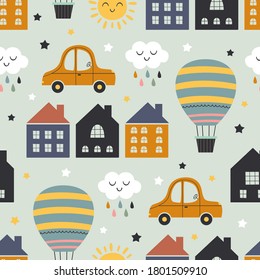seamless pattern with homes, hot air balloon, car
-  vector illustration, eps