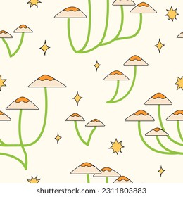 Seamless pattern with honey agaric mushrooms and stars. Magical vector background