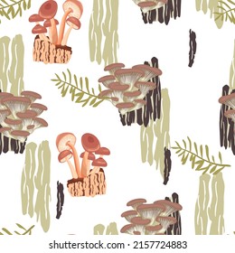 Seamless pattern with honey agaric and oyster mushrooms.Forest mushrooms on the bark of a tree and herb.Colorful background and texture for printing on fabric and paper.Vector isolated illustration.
