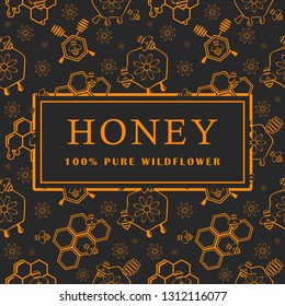 Seamless pattern with honey, bee and flowers. Design elements. Vector illustrations.