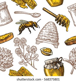 Seamless Pattern with honey, bee, hive, clover, spoon, cracker, bread and honeycomb. Vector vintage color engraved illustration. Isolated on white background