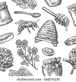 Seamless Pattern with honey, bee, hive, clover, spoon, cracker, bread and honeycomb. Vector vintage black engraved illustration. Isolated on white background