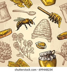 Seamless Pattern with honey, bee, hive, clover, spoon, cracker, bread and honeycomb. Vector vintage color engraving illustration. Isolated on beige background