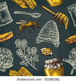 Seamless Pattern with honey, bee, hive, clover, spoon, cracker, bread and honeycomb. Vector vintage color and white engraving illustration isolated on dark background