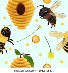 Seamless pattern with honey bee, honeycomb, beehive, flower for your design. Vector illustration. 
