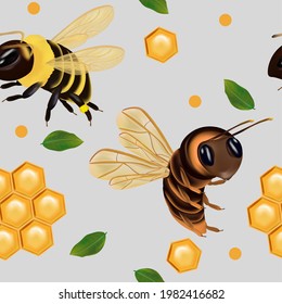 Seamless pattern with honey bee, honeycomb, leaf. Seamless pattern for your design. Vector illustration.