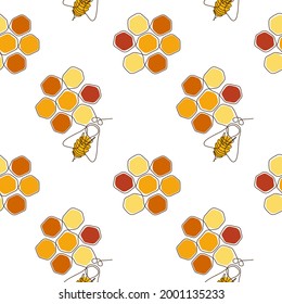 Seamless pattern with Honey Bee and honeycomb in white Background. Flying insect in simple doodle style. Editable stroke Vector illustration