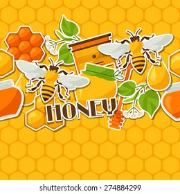 Seamless pattern with honey and bee stickers.