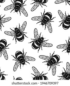 seamless pattern of honey bee in style doodle hand draw illustration