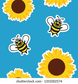 seamless pattern honey bee and sunflower on blue background vector illustration EPS10