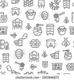 Seamless pattern with honey and beekeeping. Black and white thin line icons
