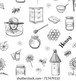 Seamless pattern honey, beekeeping. Isolated hand drawings on white background
