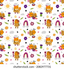 Abejas de miel sin foco. Pequeña abeja con cuchara de miel de madera, cesta con flores y graciosos arcos, impresión de verano. Textil, envoltura o digital de decoración de vectores